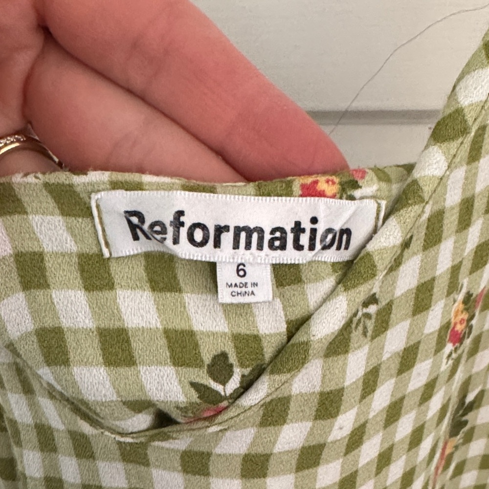Reformation Olive Checkered Floral Dress